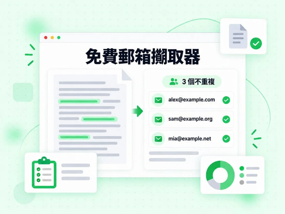 免費郵箱擷取器從貼上的文字與上傳的檔案中擷取地址，找出 3 個不重複結果