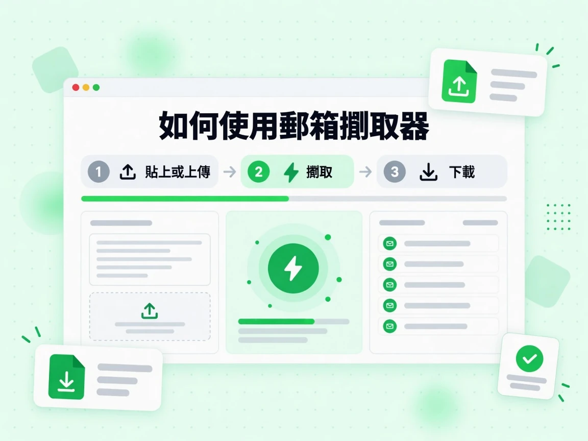 如何使用郵箱擷取器分三步驟：貼上或上傳、擷取，最後下載結果