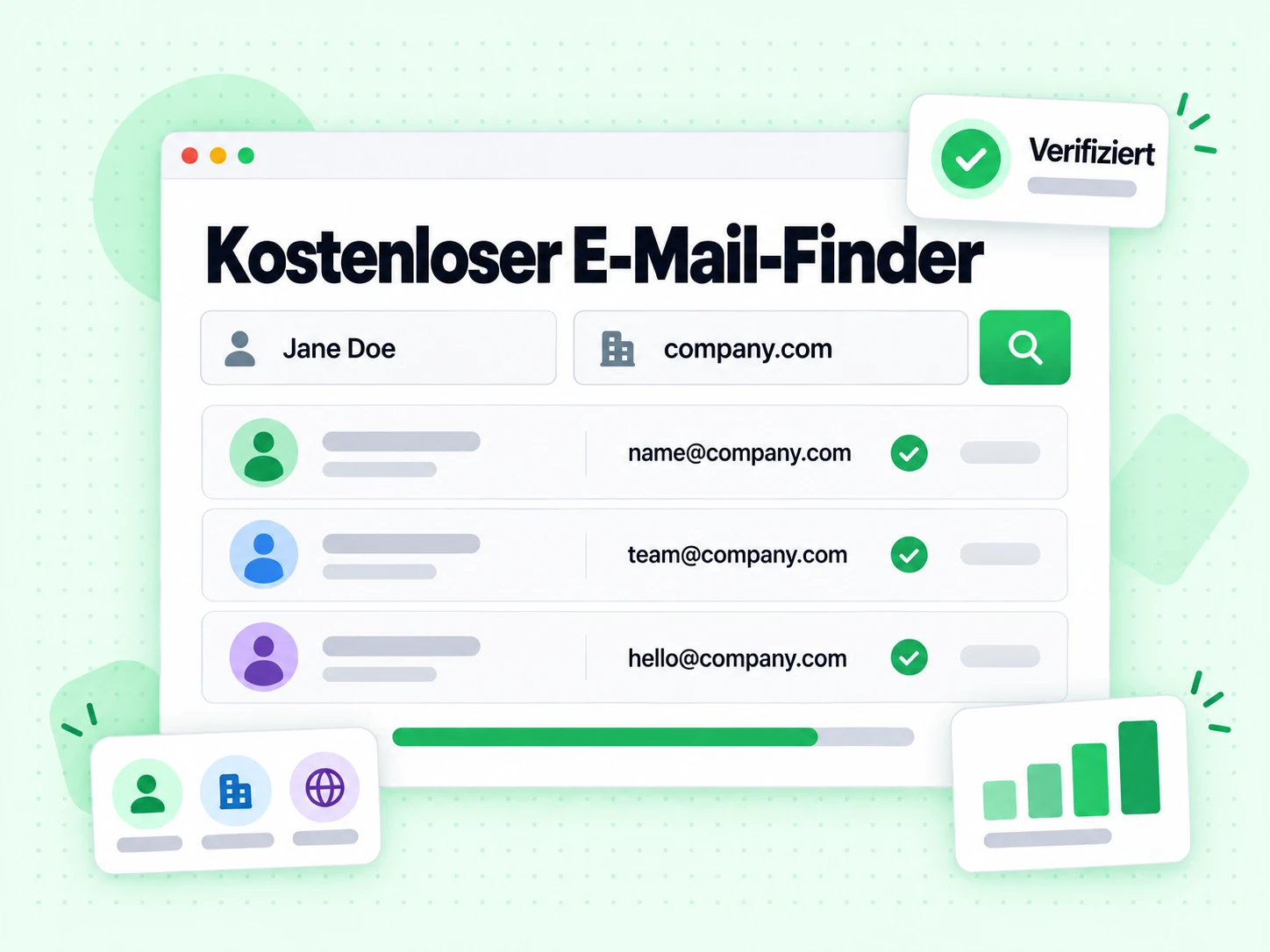 Kostenloser E-Mail-Finder liefert mehrere Dienstadressen einer Firma mit dem Badge Verifiziert.