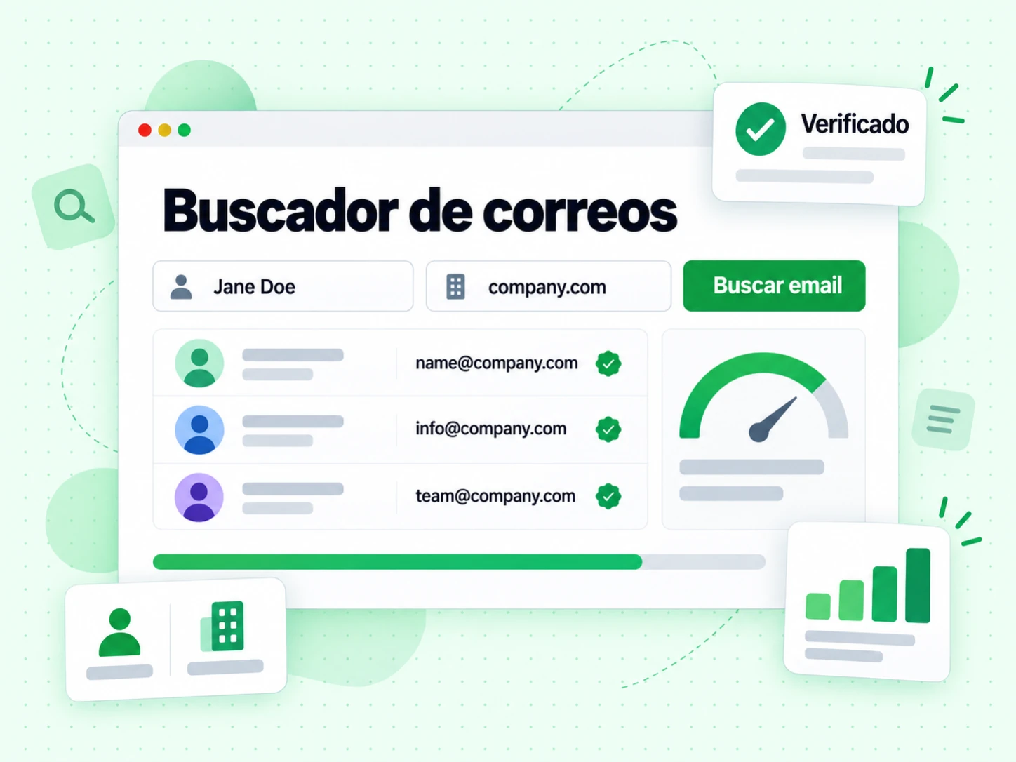 Buscador de correos con campo de nombre, campo de dominio, botón Buscar email y un resultado Verificado