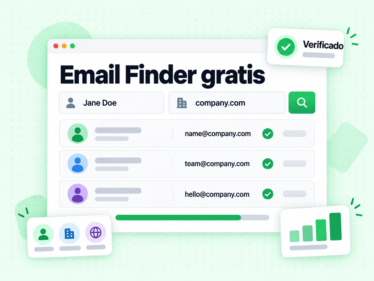 Email Finder gratis devuelve varios emails de trabajo para una empresa con insignias Verificado