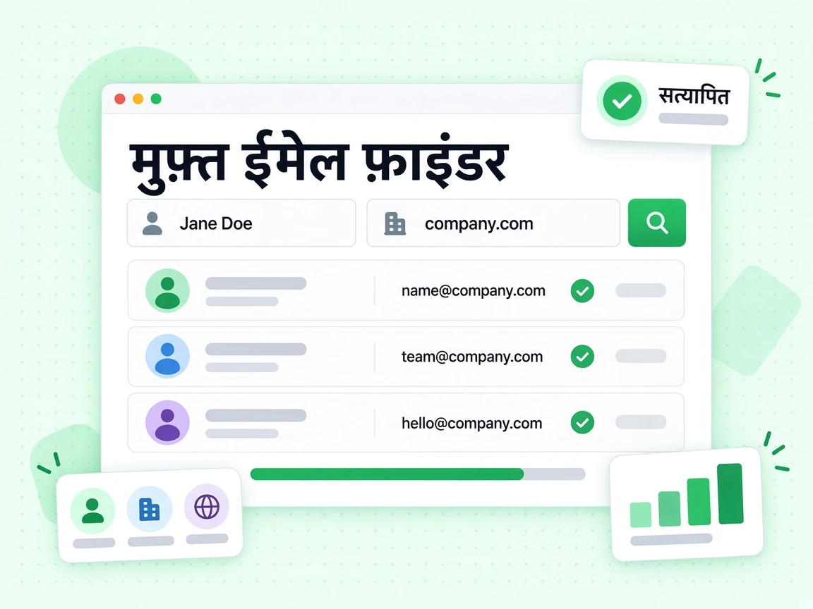 मुफ़्त ईमेल फ़ाइंडर एक कंपनी के लिए कई वर्क ईमेल सत्यापित बैज के साथ लौटाता है