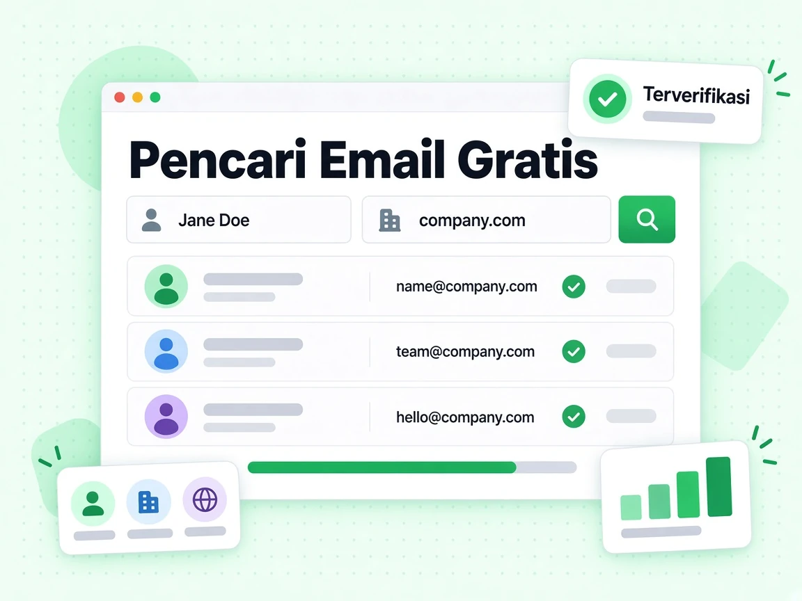 Pencari Email Gratis mengembalikan beberapa email kerja untuk satu perusahaan dengan badge terverifikasi