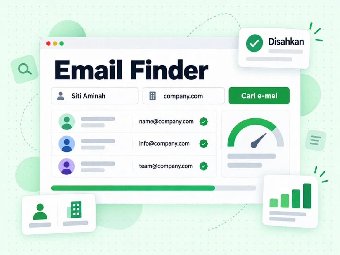 Borang Email Finder dengan nama Siti Aminah, domain syarikat, butang Cari e-mel dan e-mel kerja Disahkan