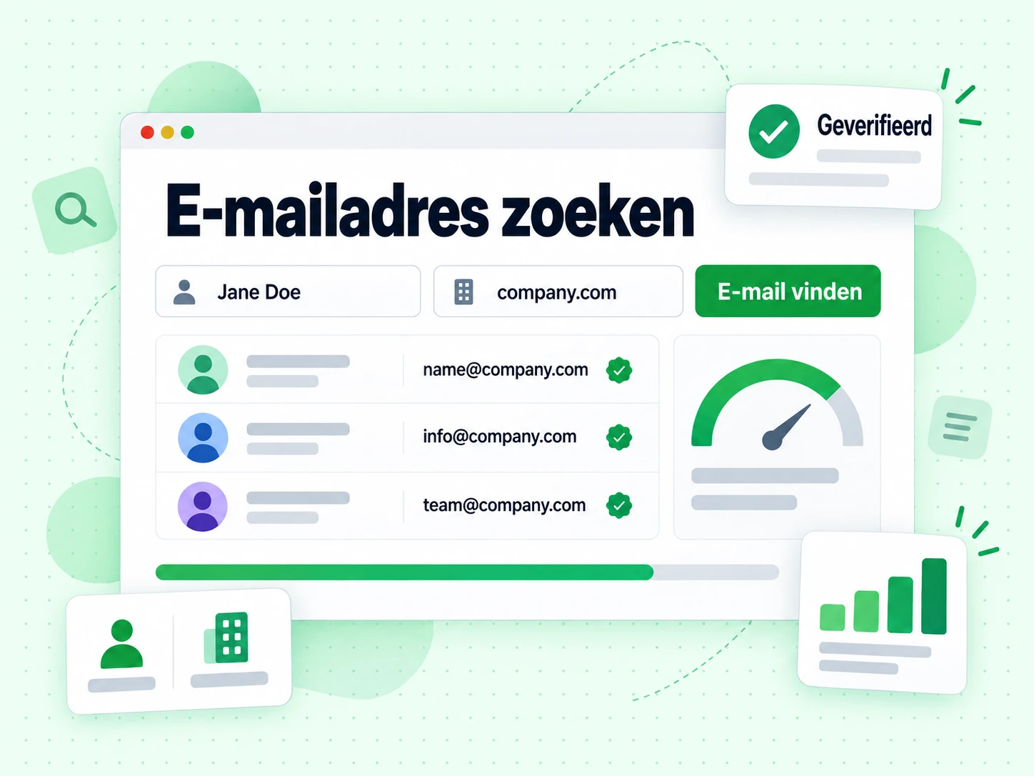 E-mailadres zoeken formulier met een naamveld, een bedrijfsdomeinveld en een geverifieerd werk-e-mailresultaat