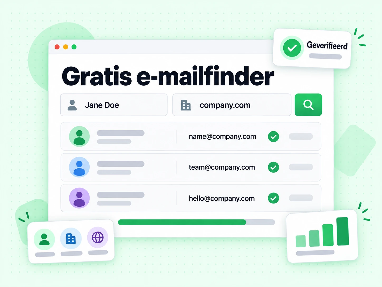 Gratis e-mailfinder die meerdere werk-e-mails voor één bedrijf teruggeeft met geverifieerd-markeringen