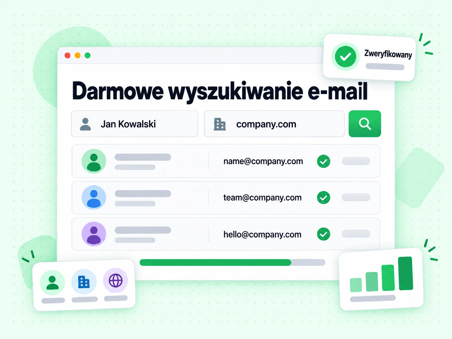 Darmowe wyszukiwanie e-mail zwraca kilka służbowych adresów jednej firmy z plakietkami Zweryfikowany