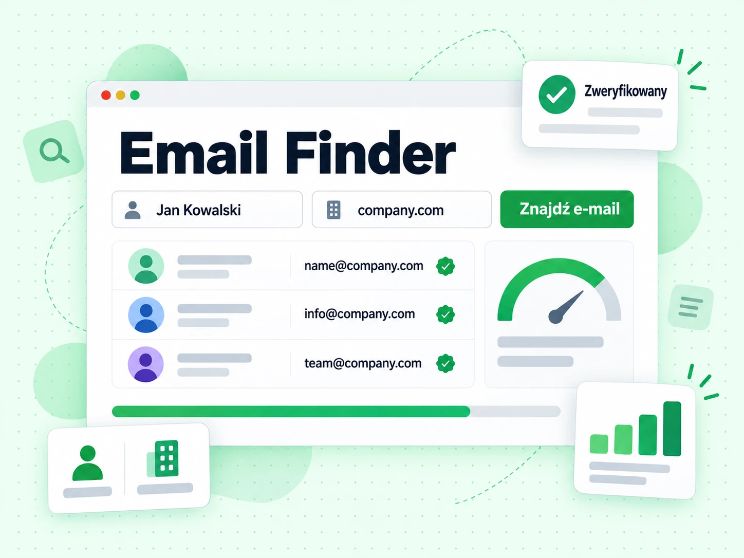 Email Finder: imię, domena firmy, przycisk Znajdź e-mail i zweryfikowany adres służbowy