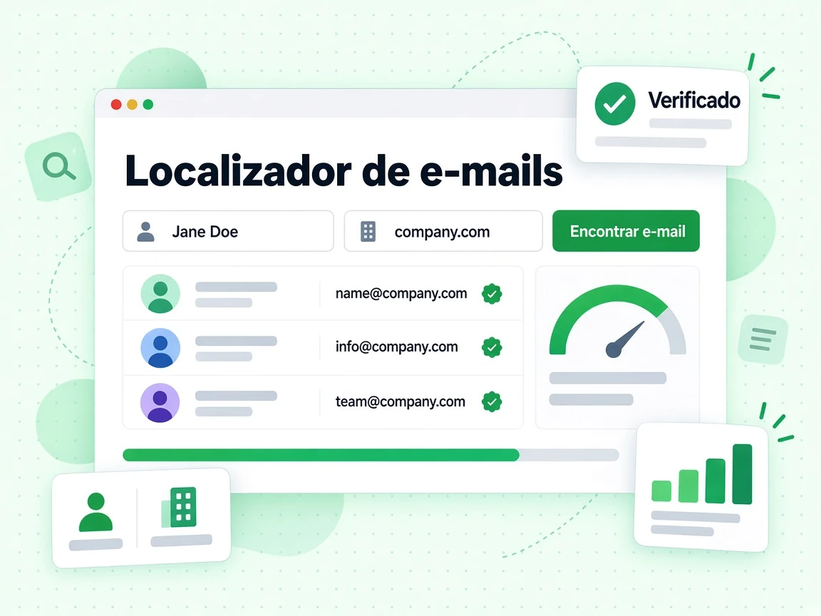 Localizador de e-mails com Jane Doe e company.com, o botão Encontrar e-mail e name@company.com Verificado