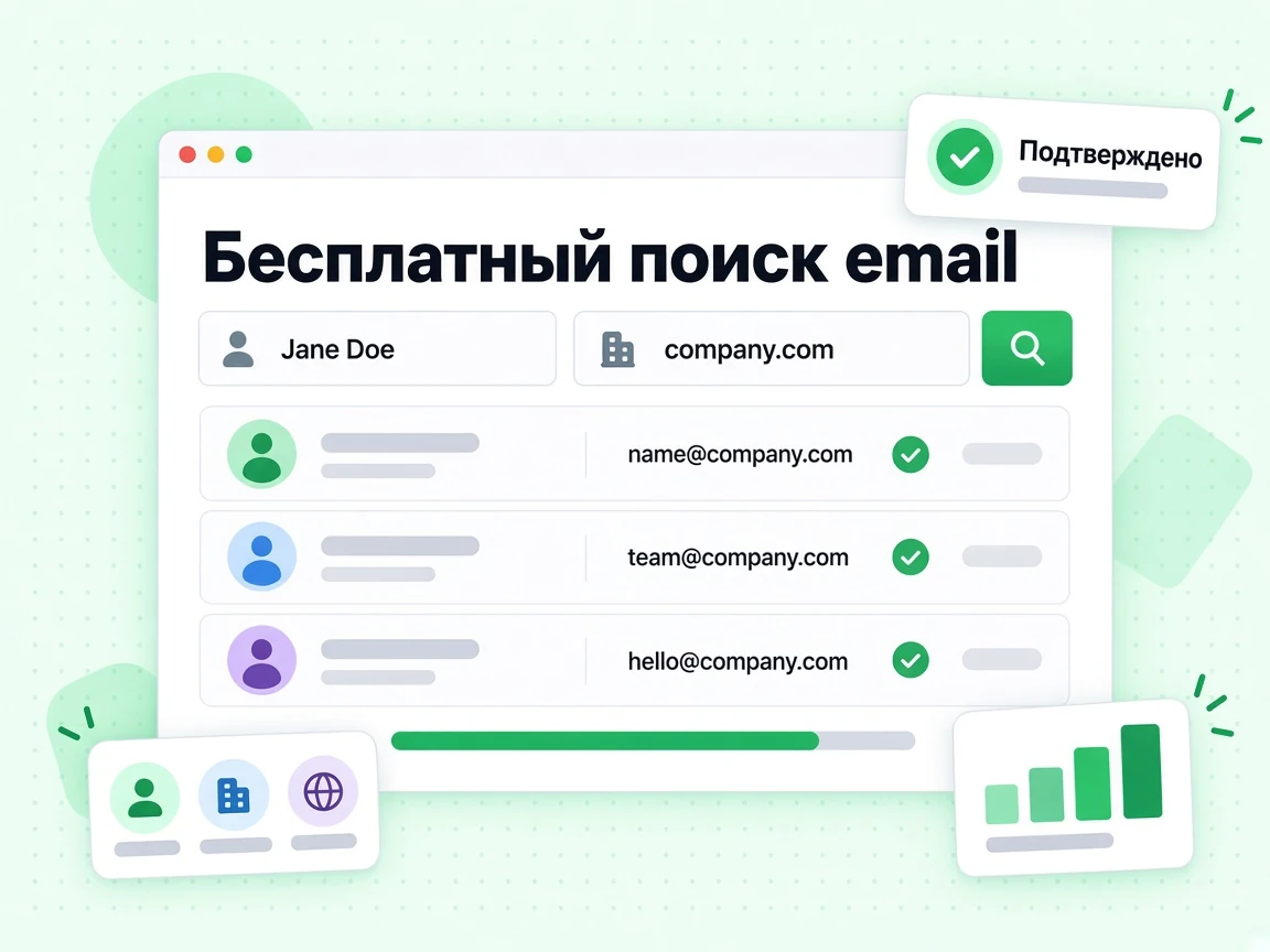 Бесплатный поиск email возвращает несколько рабочих адресов компании со значками Подтверждено.