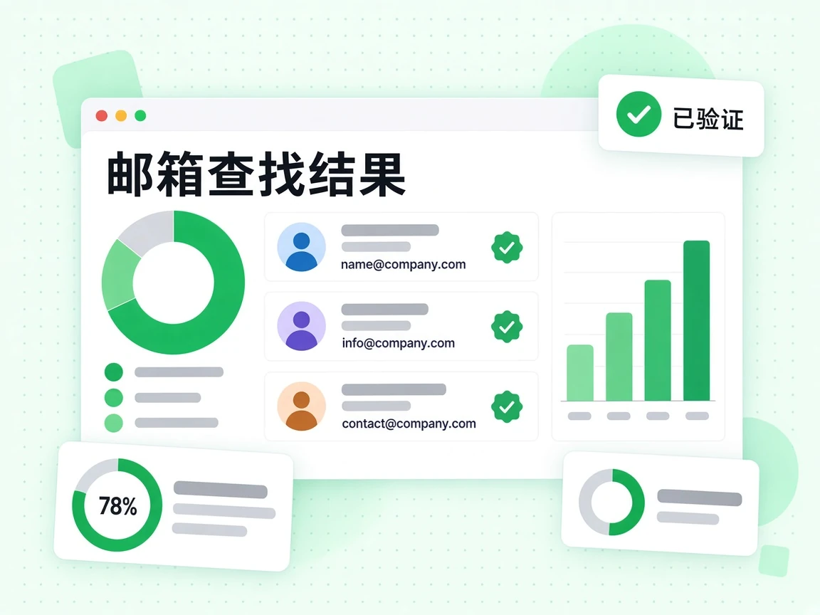邮箱查找结果列出同一人的多条工作邮箱候选，并标上已验证。