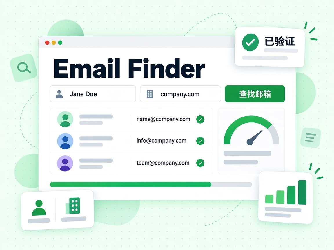Email Finder 表单含姓名栏、公司域名栏与查找邮箱按钮，并返回已验证的工作邮箱。