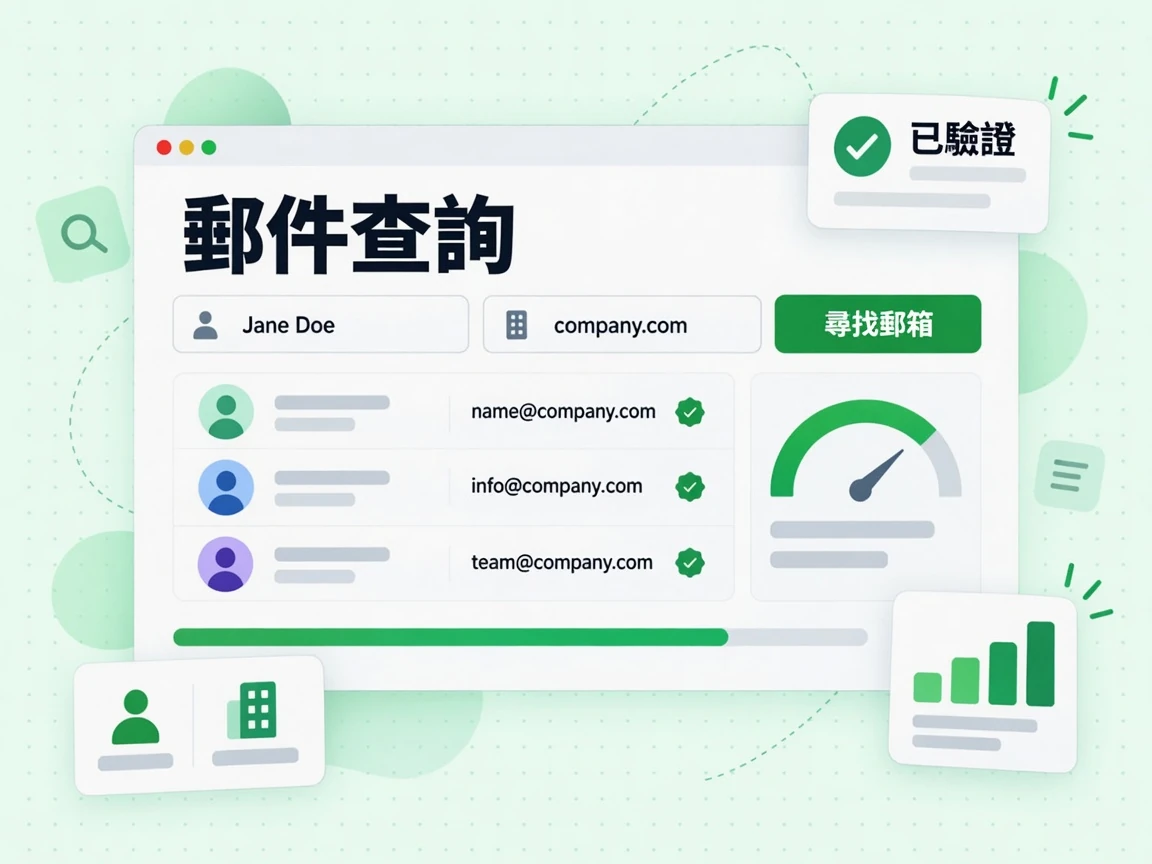郵件查詢表單輸入姓名與公司網域後，尋找郵箱並顯示已驗證的工作信箱結果