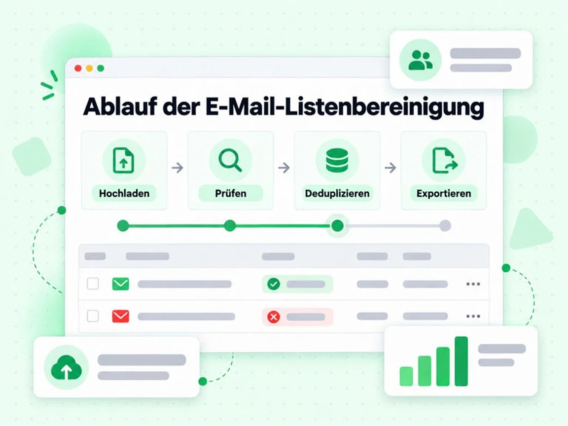 Ablauf der E-Mail-Listenbereinigung von Hochladen über Prüfen und Deduplizieren bis zum Export