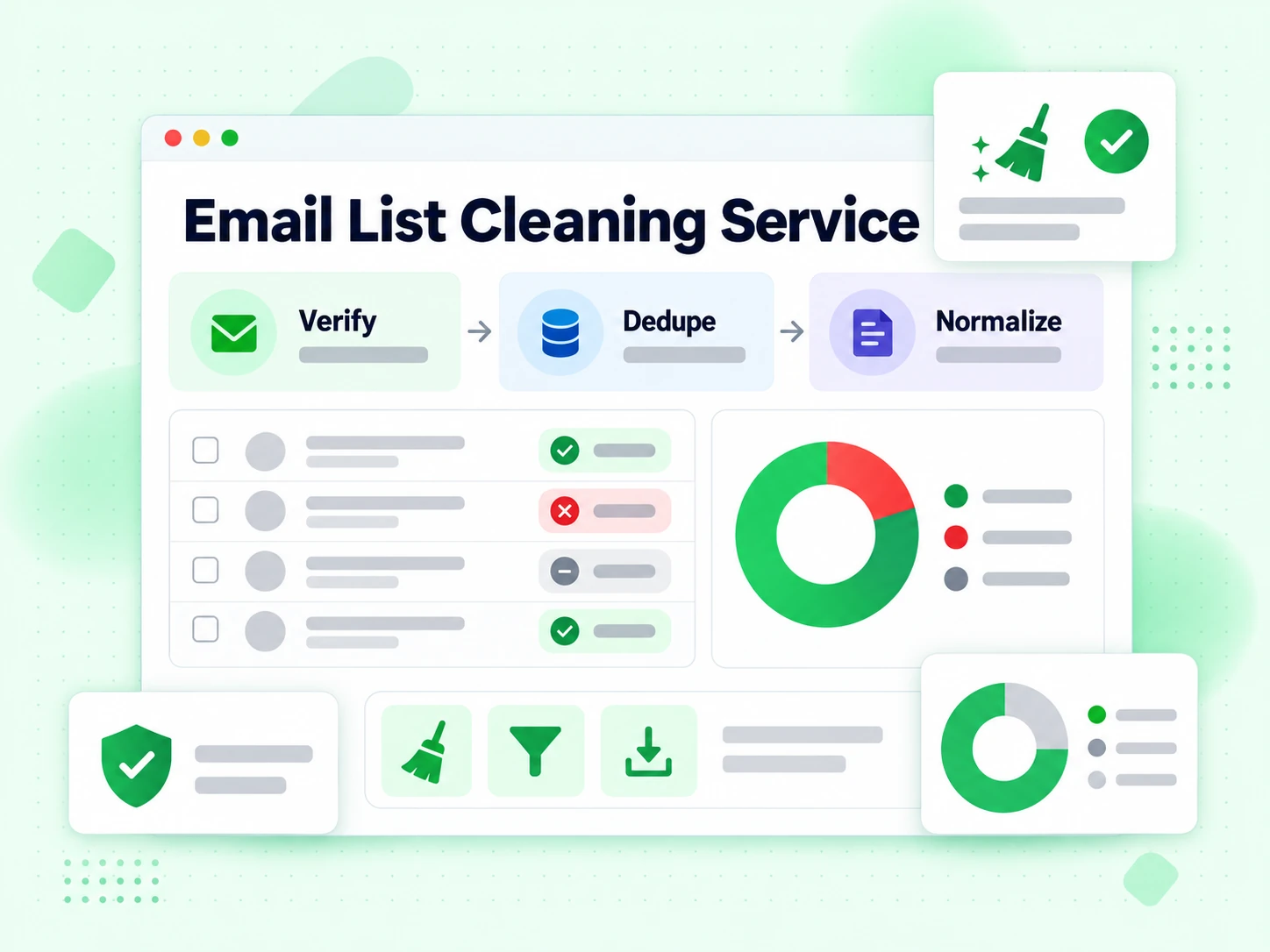 Email List Cleaning Service diagram verifying, deduplicating and normalizing a mailing list