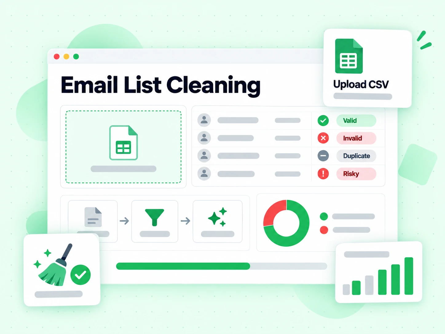 Email List Cleaning console removing invalid, duplicate and risky addresses from an uploaded CSV list