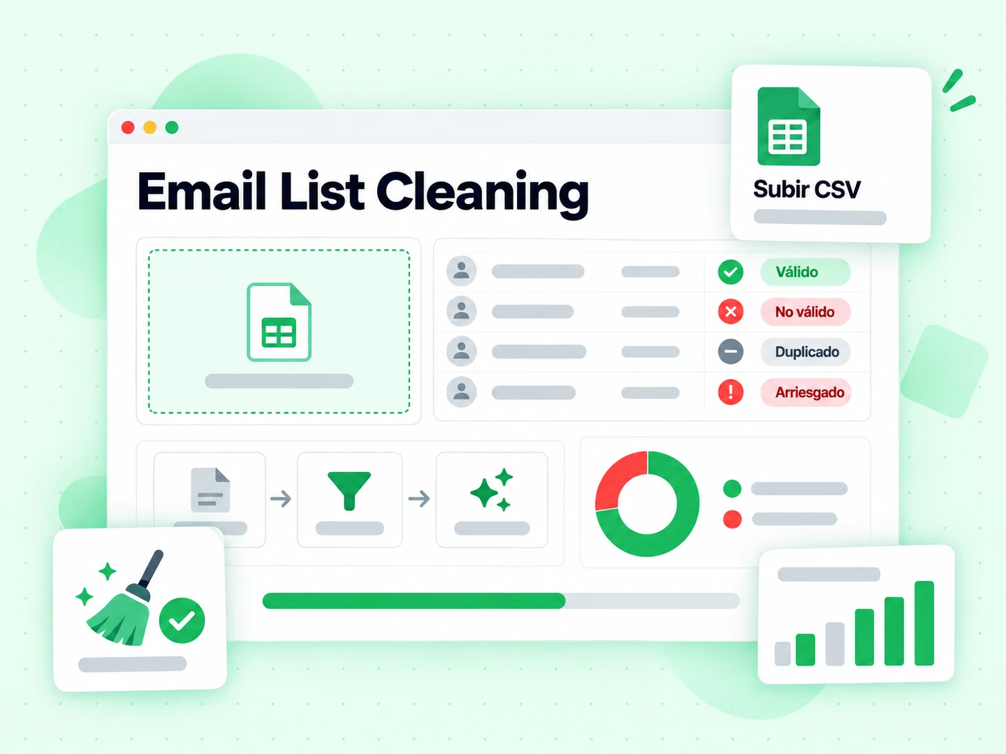 Limpieza de listas de email elimina direcciones No válidas, Duplicadas y Arriesgadas tras Subir CSV