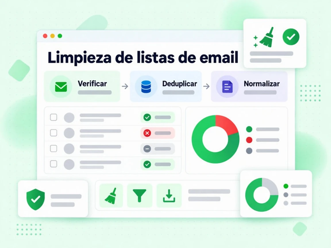 Limpieza de listas de email en un diagrama que Verifica, Deduplica y Normaliza una lista de correo