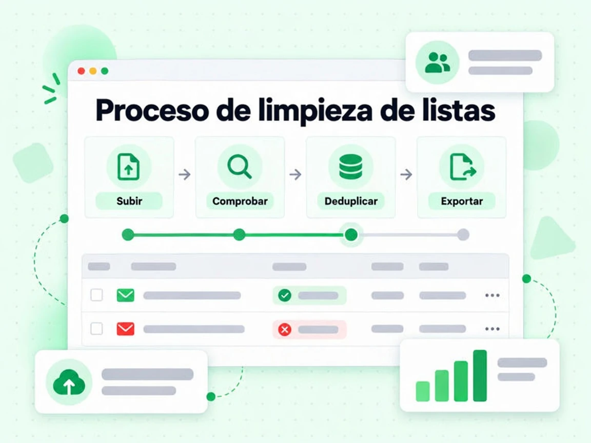 Proceso de limpieza de listas desde Subir hasta Comprobar, Deduplicar y Exportar la lista