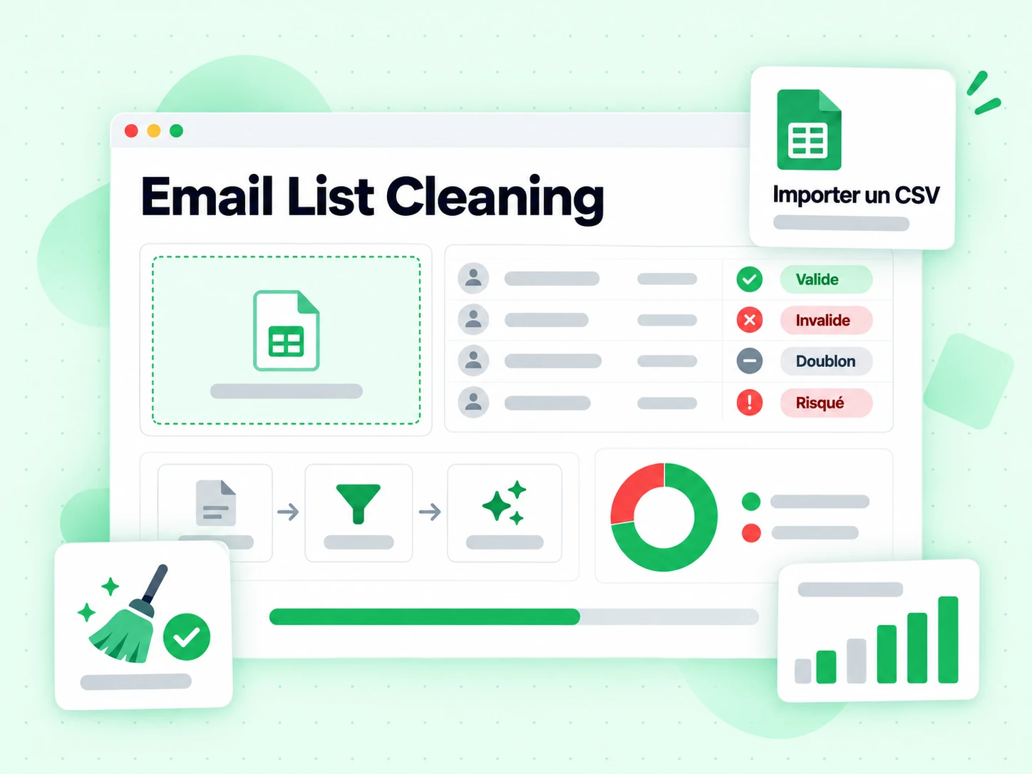 Email List Cleaning : interface avec Importer un CSV, Valide, Invalide, Doublon, Risqué