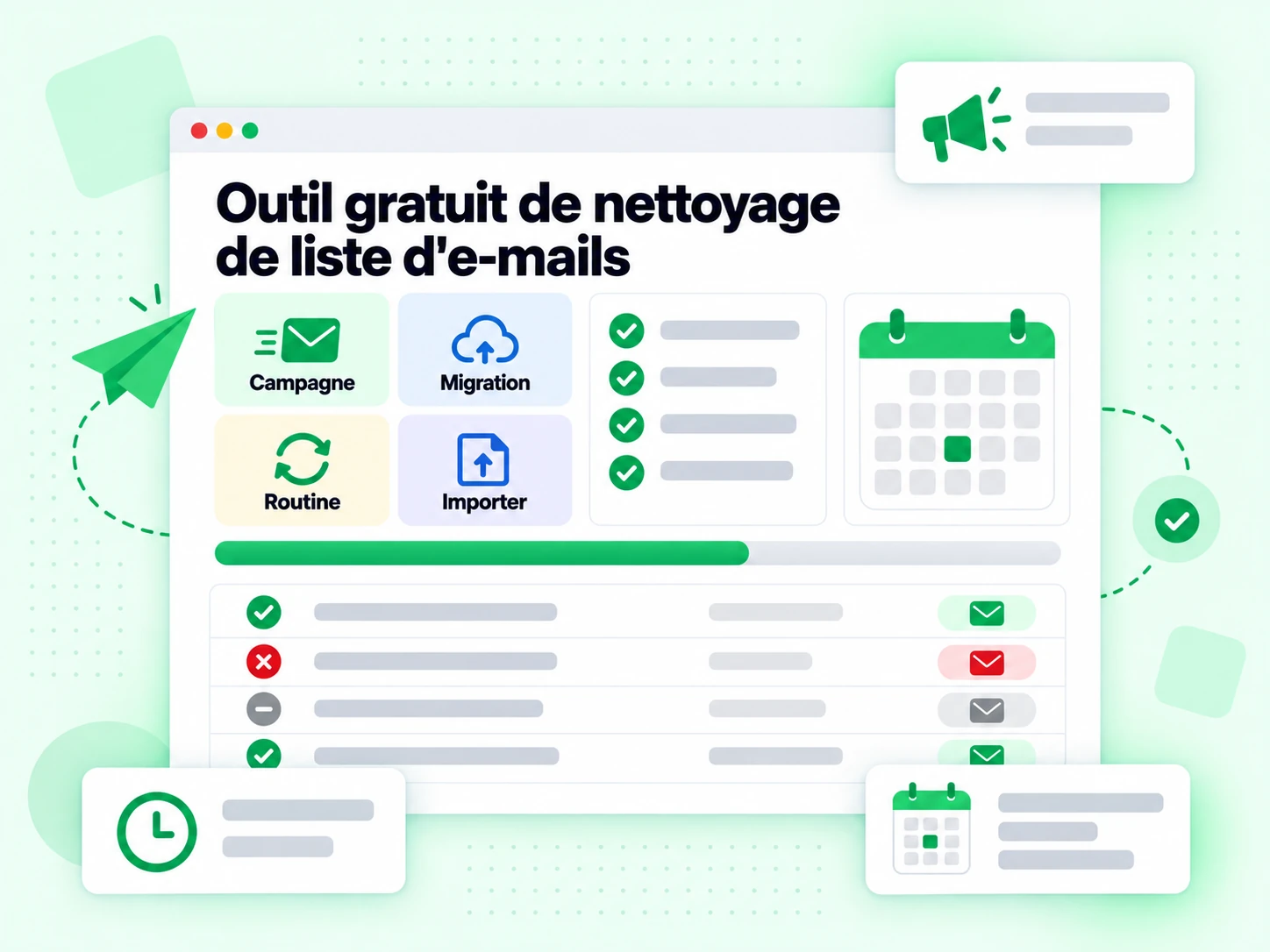Outil gratuit de nettoyage de liste d'e-mails : interface avec Campagne, Migration, Routine, Importer, \ 
F