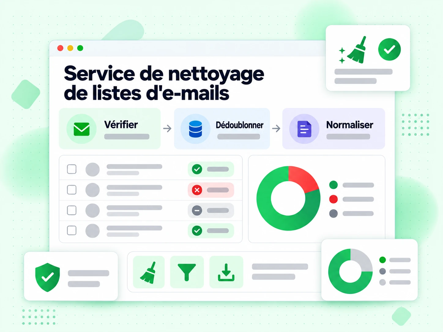 Service de nettoyage de listes d'e-mails : interface avec Vérifier, Dédoublonner, Normaliser