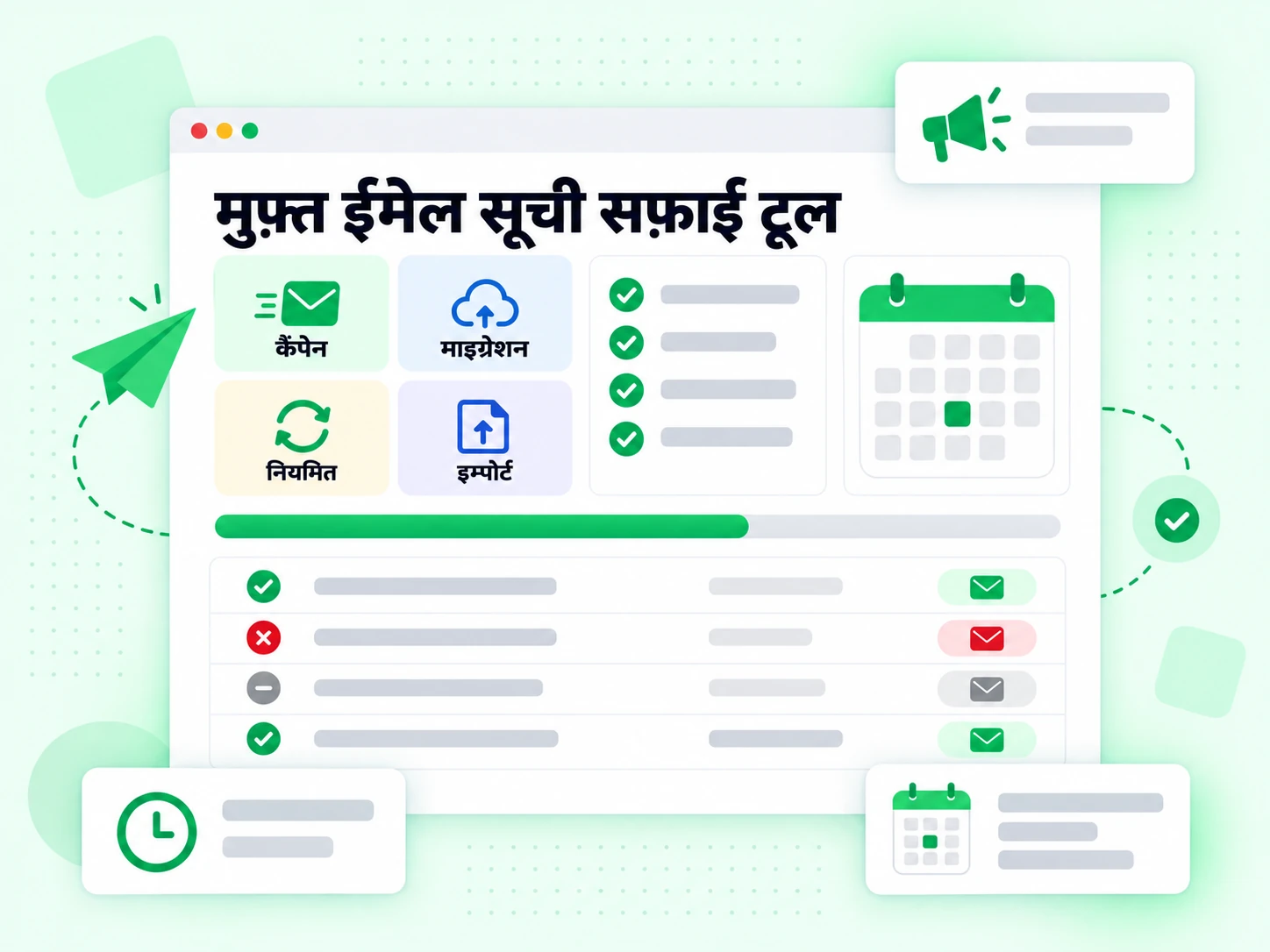 मुफ़्त ईमेल सूची सफ़ाई टूल कैंपेन, माइग्रेशन, नियमित और इम्पोर्ट परिदृश्यों में