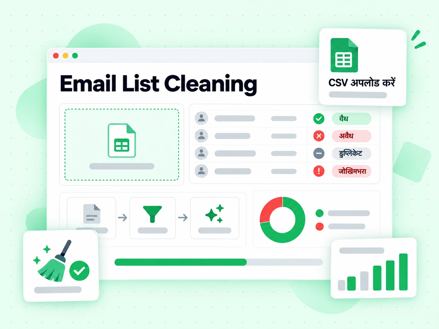 Email List Cleaning ईमेल सूची सफ़ाई कंसोल अपलोड की गई CSV सूची से अवैध, डुप्लिकेट और जोखिमभरा पते हटाता है