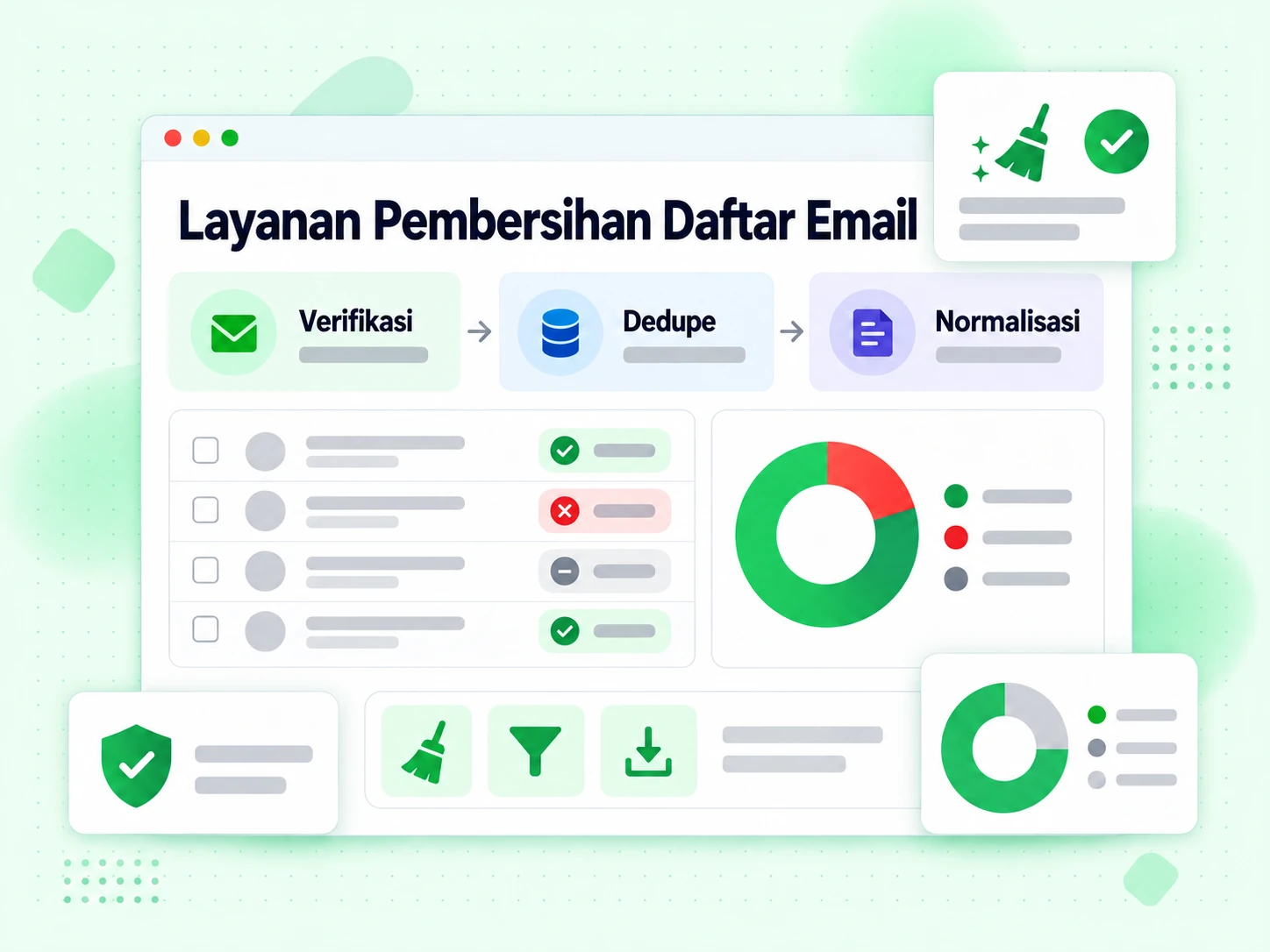 Layanan Pembersihan Daftar Email: diagram memverifikasi, mendeduplikasi dan menormalisasi milis
