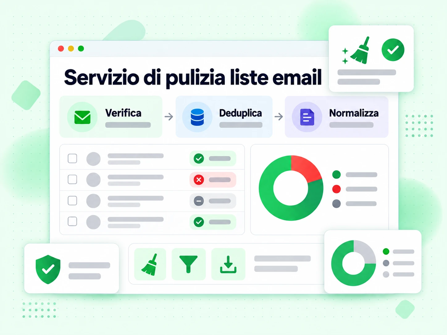 Servizio di pulizia liste email: tre corsie Verifica, Deduplica e Normalizza con tabella e ciambella