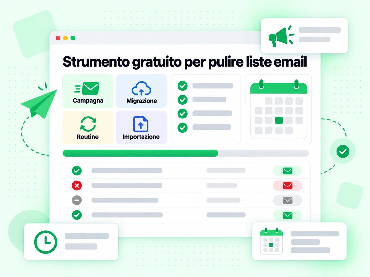 Strumento gratuito per pulire liste email usato per Campagna, Migrazione e Importazione.