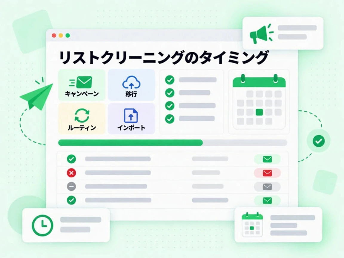 リストクリーニングのタイミングはキャンペーン、移行、ルーティン、インポートの 4 場面をカードで示す