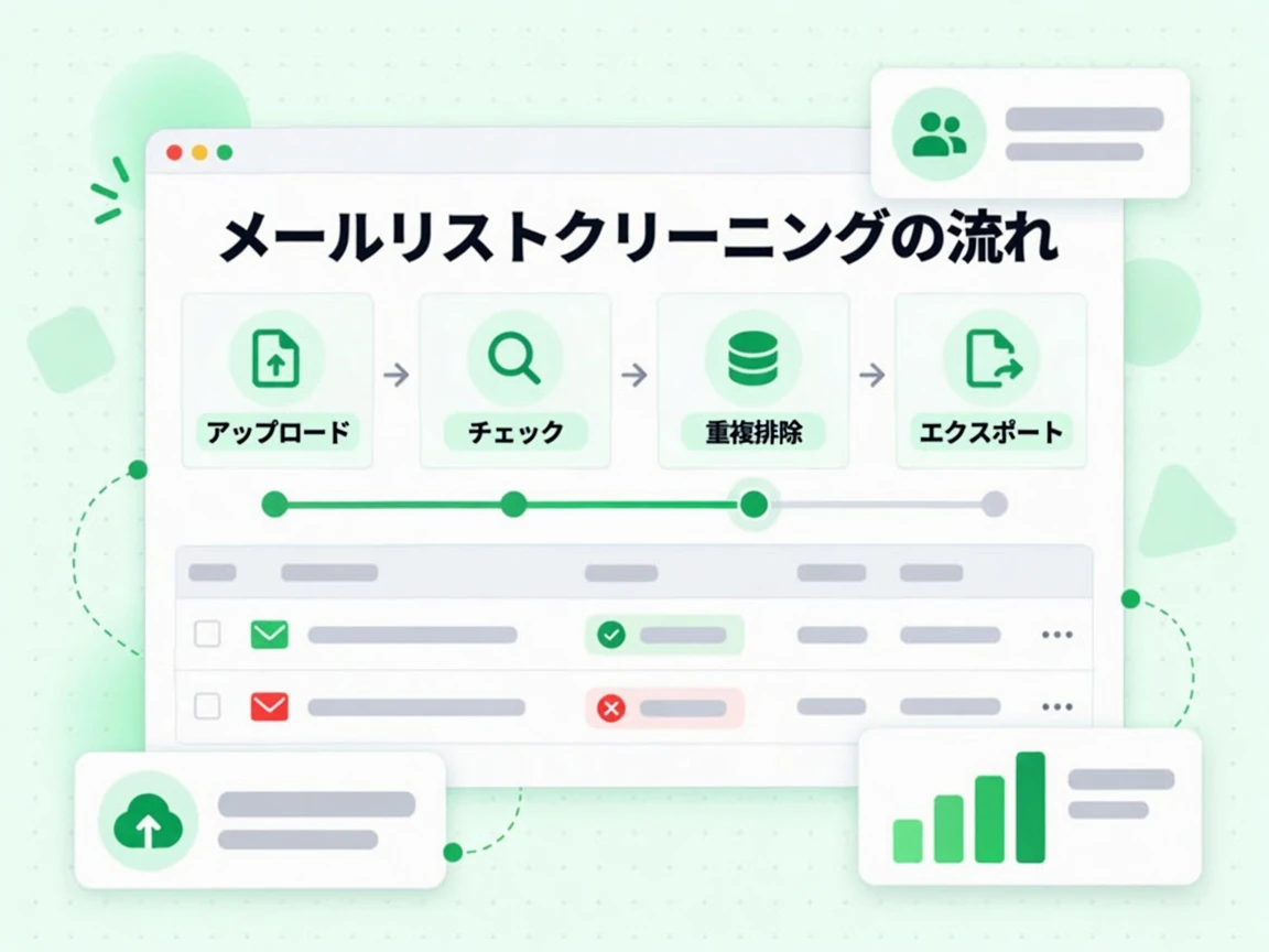 メールリストクリーニングの流れはアップロード、チェック、重複排除、エクスポートの 4 ステップで進む