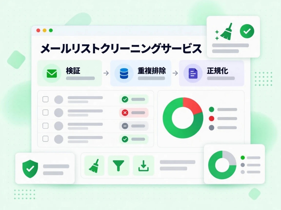 メールリストクリーニングサービスは検証、重複排除、正規化の 3 段階でメーリングリストを整える図を示す