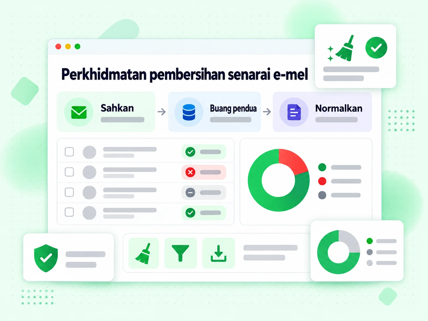Perkhidmatan pembersihan senarai e-mel: rajah Sahkan, Buang pendua dan Normalkan senarai mel.