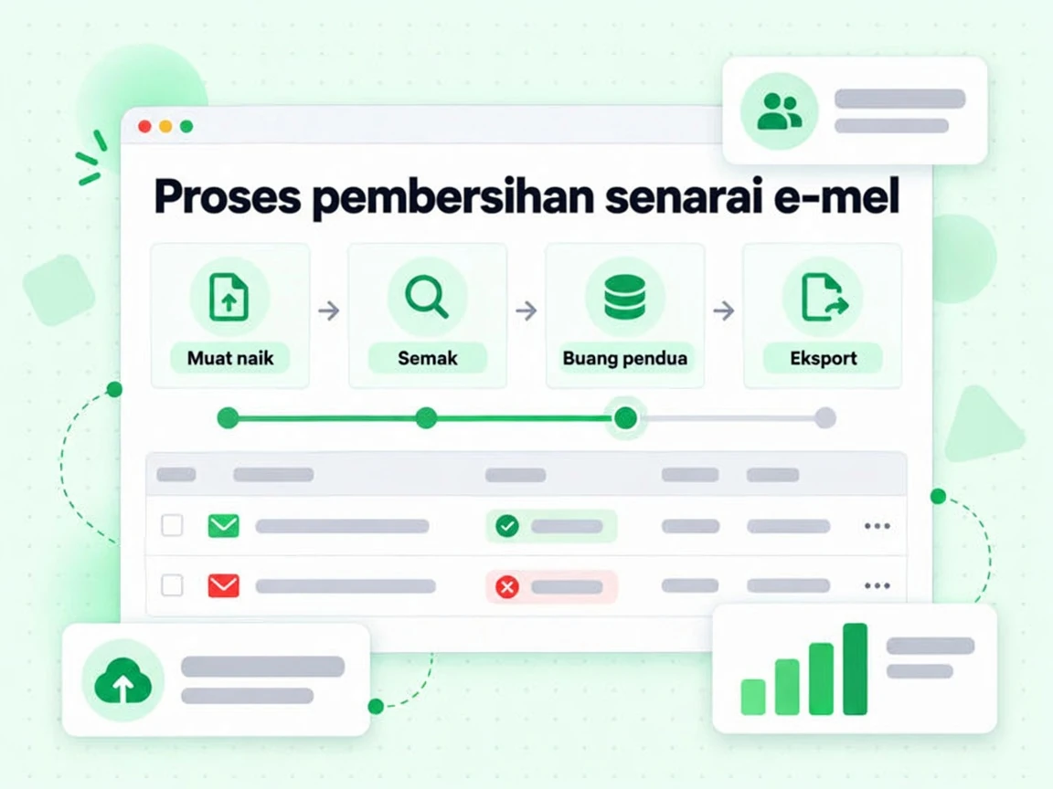 Proses pembersihan senarai e-mel: senarai bergerak daripada Muat naik melalui Semak, Buang pendua, Eksport.
