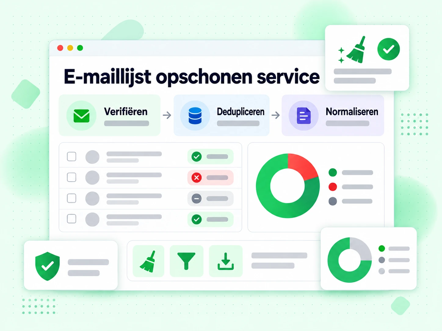 E-maillijst opschonen service diagram dat een mailinglijst verifieert, dedupliceert en normaliseert