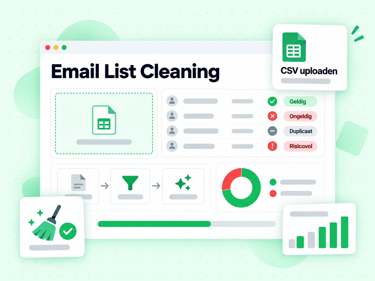 Email List Cleaning console die ongeldige, dubbele en risicovolle adressen uit een geüploade lijst verwijdert