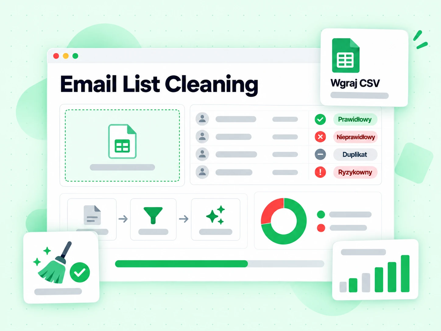 Konsola Email List Cleaning usuwa nieprawidłowe, zduplikowane i ryzykowne adresy z wgranej listy CSV