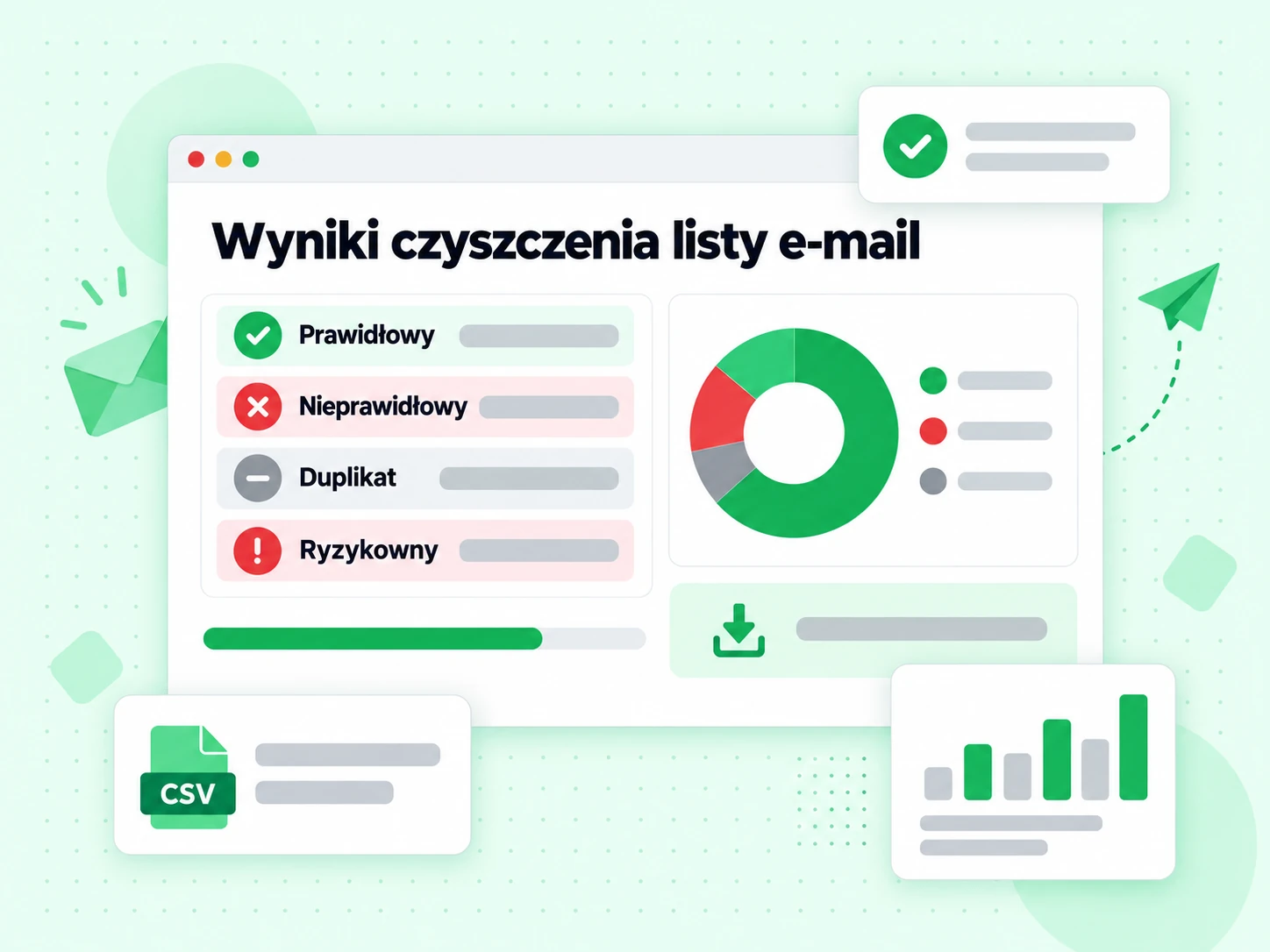 Eksport wyników czyszczenia listy e-mail z adresami prawidłowymi, nieprawidłowymi, duplikatami i ryzykownymi