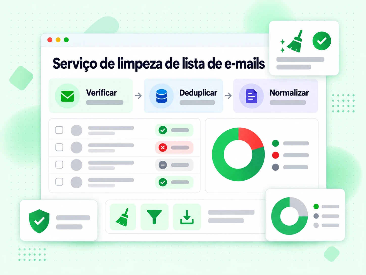 Diagrama do serviço de limpeza de lista de e-mails com as etapas Verificar, Deduplicar e Normalizar