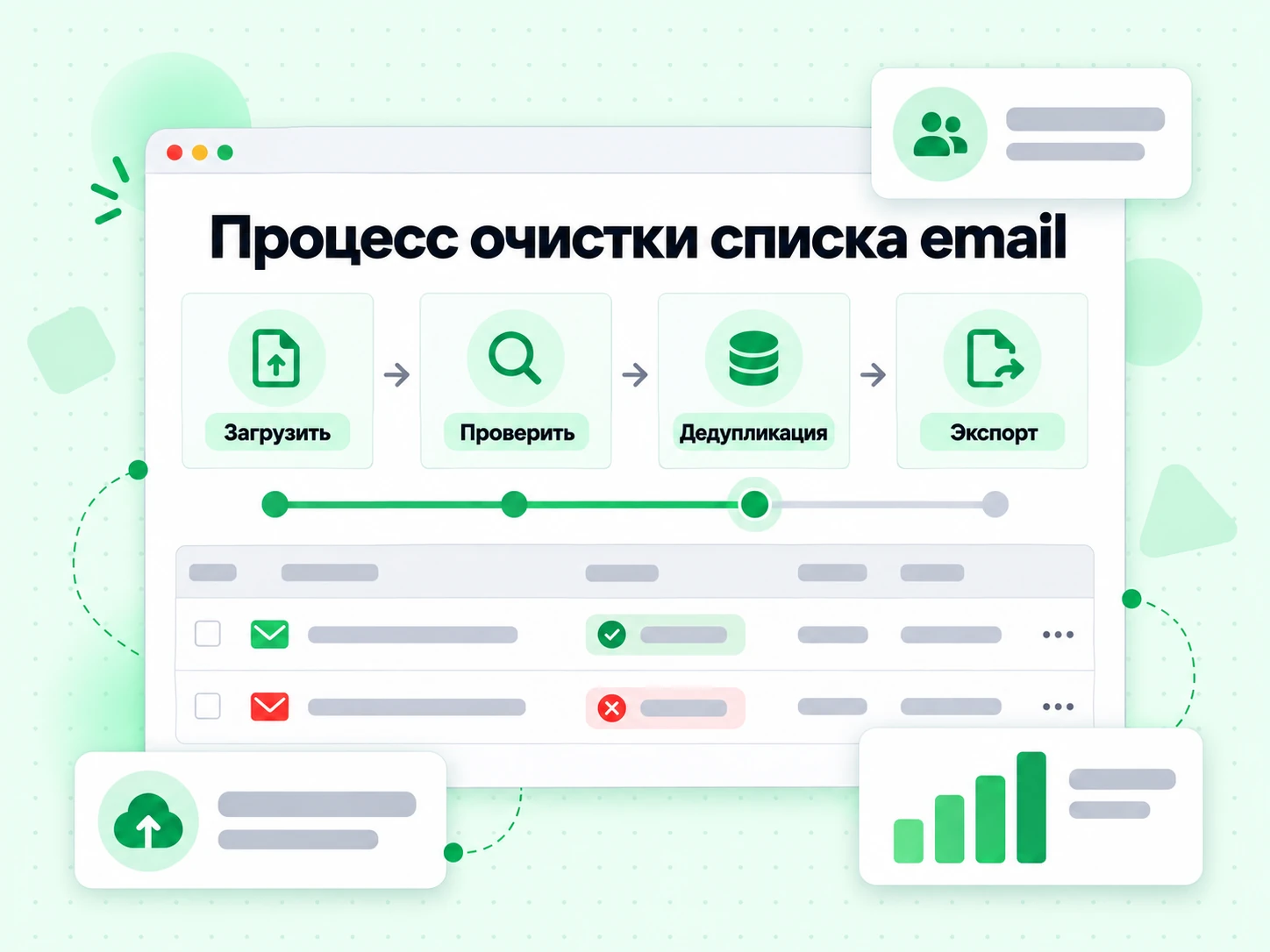 Процесс очистки списка email: шаги BillionVerify от загрузки до экспорта