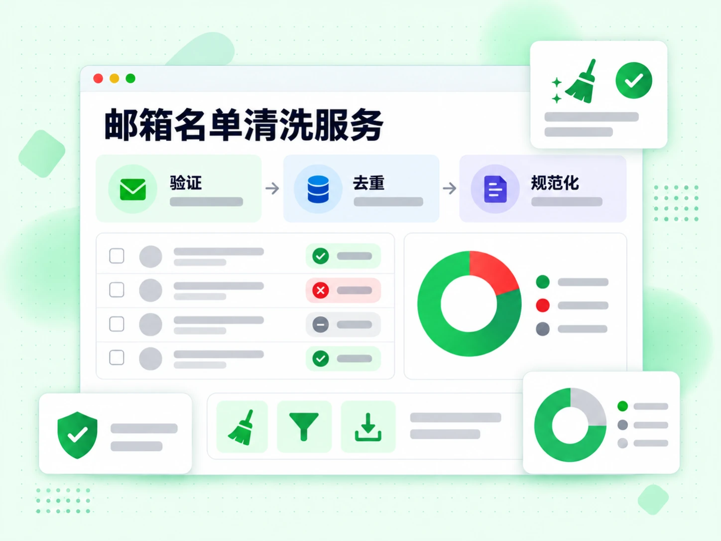 邮箱名单清洗服务示意图展示验证、去重与规范化三个处理阶段
