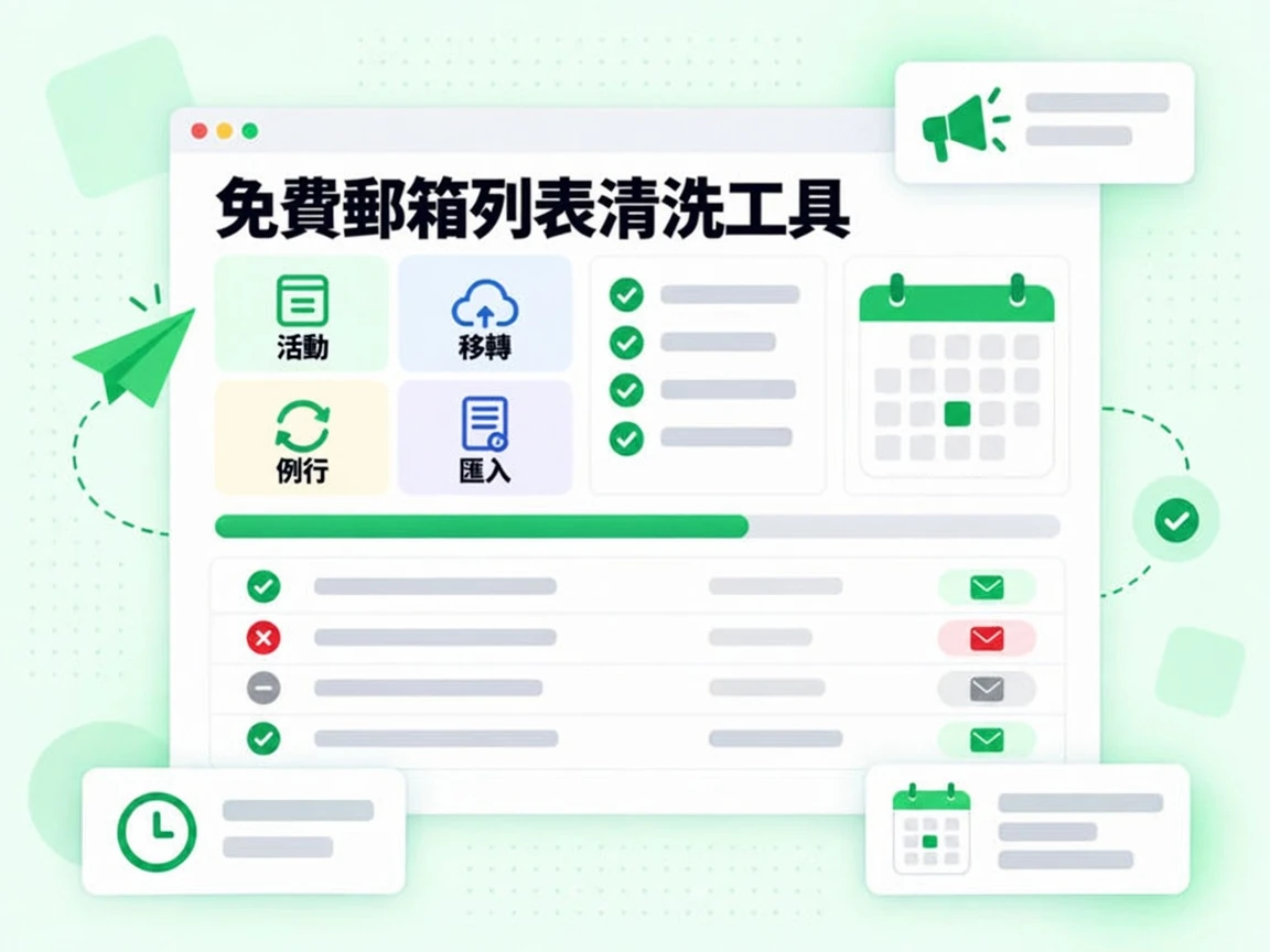 免費郵箱列表清洗工具的情境卡片涵蓋活動、移轉、例行維護與匯入四種情形