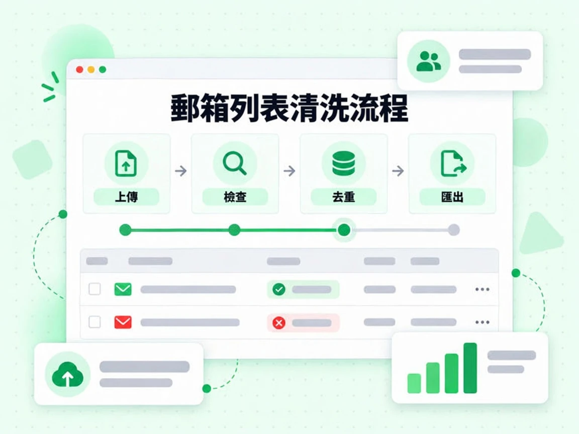 郵箱列表清洗流程依序展示上傳、檢查、去重與匯出四個步驟