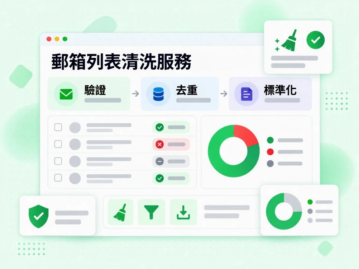 郵箱列表清洗服務示意圖展示驗證、去重與標準化三個處理階段