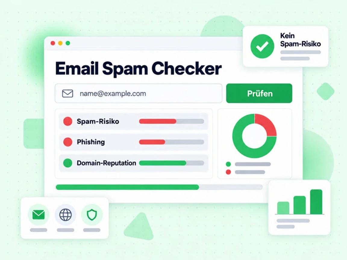 Email Spam Checker mit E-Mail-Feld, Prüfen-Button und roten Spam-Risiko- sowie Phishing-Zeilen