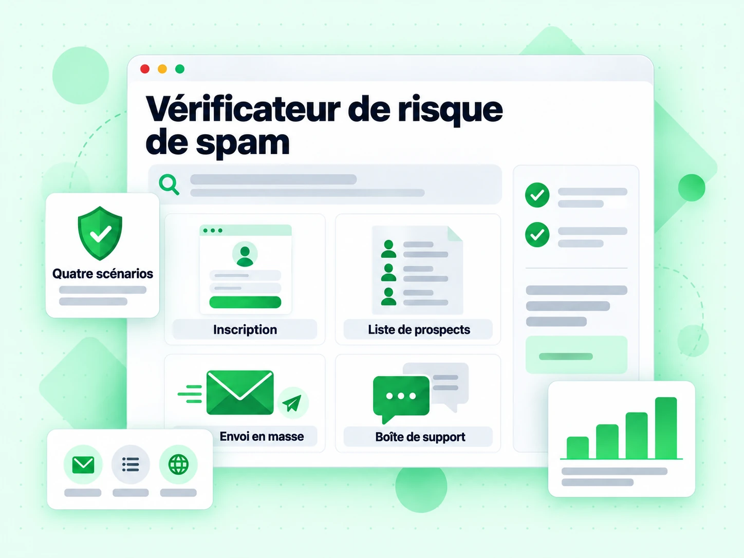 Vérificateur de risque de spam : interface avec Inscription, Liste de prospects, Envoi en masse, Boîte de support