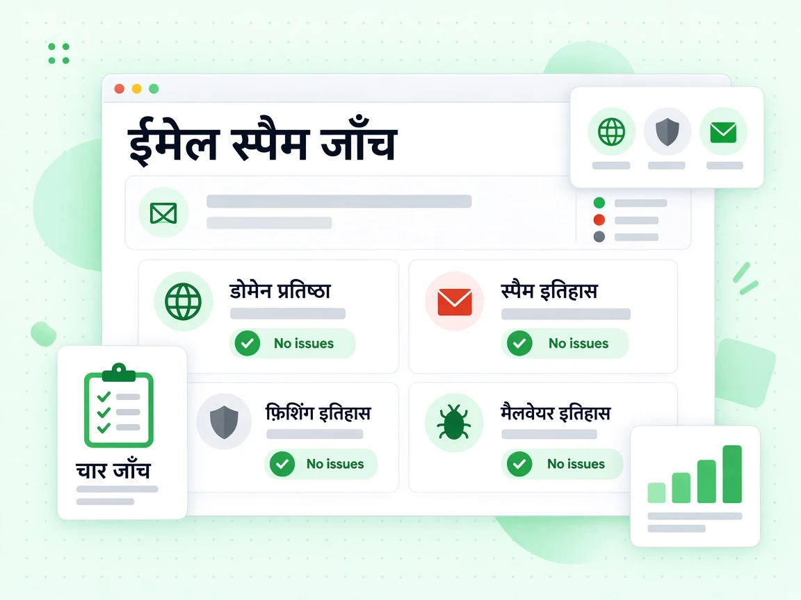 ईमेल स्पैम जाँच डोमेन प्रतिष्ठा, स्पैम इतिहास, फ़िशिंग इतिहास और मैलवेयर इतिहास कार्ड के रूप में