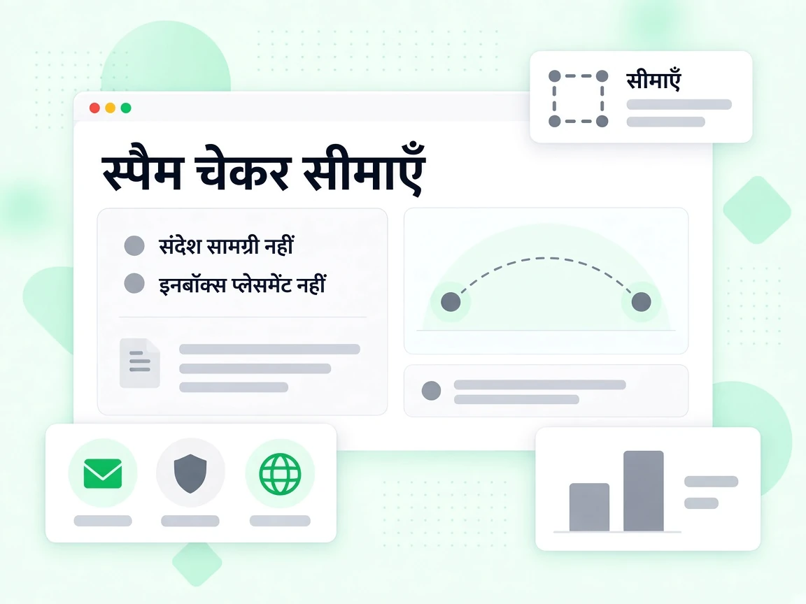 स्पैम चेकर सीमाएँ पैनल बताता है कि संदेश सामग्री नहीं और इनबॉक्स प्लेसमेंट नहीं